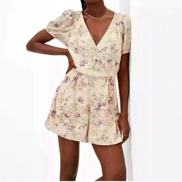 American Eagle Outfitters Pants - American  Eagle Floral Romper Wrap Front Cream Playsuit Cottage Core Size XS
